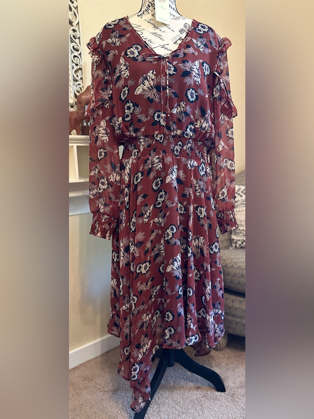 Sam Edelman Floral Long-Sleeve Midi Dress in Burgundy